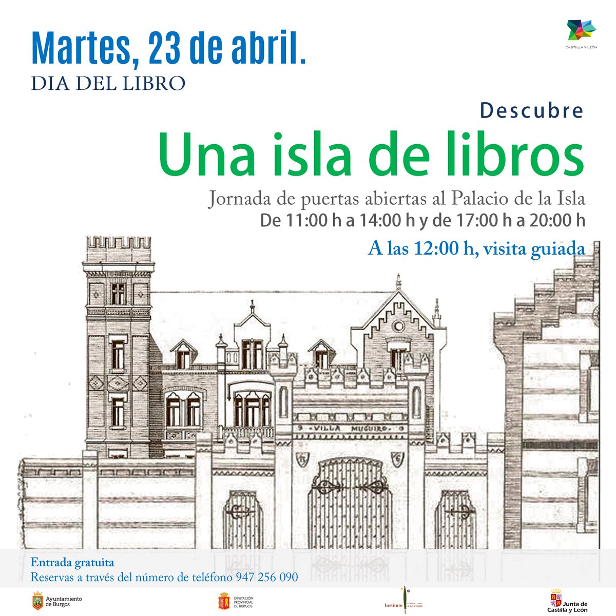 Hoy día 23 de abril, el @ILCyL conmemora el ‘Día Internacional del Libro’, con la apertura al público de su sede, el Palacio de la Isla de Burgos en horario de 11.00 a 14.00 y de 17:00 a 20:00 horas y una visita guiada al edificio a las 12:00 horas. ¡Os esperamos!