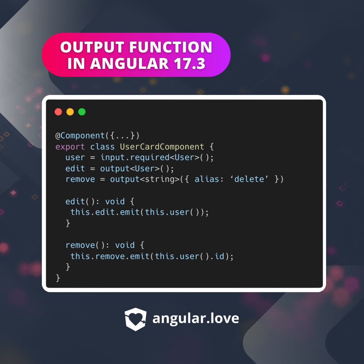 The output function is now available in #Angular version 17.3! 🔥 👨‍💻 It’s another function, after input and model, to communicate between components. It’s been introduced to maintain consistency with the input API, so its usage is very straightforward. Just like with