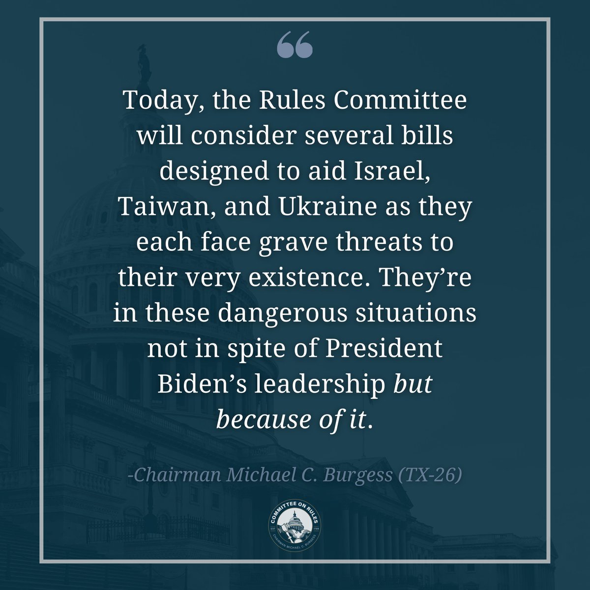 Today, @RulesReps is considering several bills designed to aid our allies as they face existential threats. They’re in these dangerous situations not in spite of President Biden’s leadership but because of it. Unlike POTUS, @HouseGOP understands weakness invites aggression.