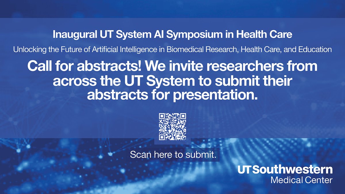 UT Southwestern Medical Center (@utswmedcenter) on Twitter photo AI can potentially revolutionize biomedical research, health care, and education. Submit your abstract on AI applications in medicine, education, or health care operations to the Inaugural <a href="/utsystem/">The University of Texas System</a> AI Symposium in Health Care. Deadline is April 20! bit.ly/43R3s5D AI can potentially revolutionize biomedical research, health care, and education. Submit your abstract on AI applications in medicine, education, or health care operations to the Inaugural <a href="/utsystem/">The University of Texas System</a> AI Symposium in Health Care. Deadline is April 20! bit.ly/43R3s5D