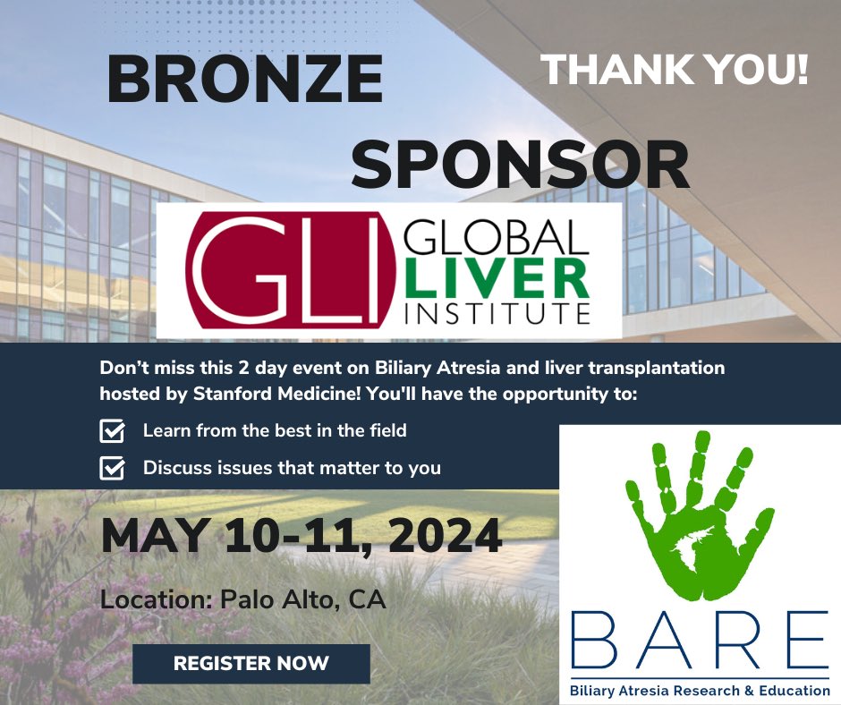 Thank you @GlobalLiver for being a sponsor for the #BARE2024 Biliary Atresia Symposium in May! 

We are honored to have your commitment and support. 

 #biliaryatresia #pediatrics #liverdisease #transplant #community