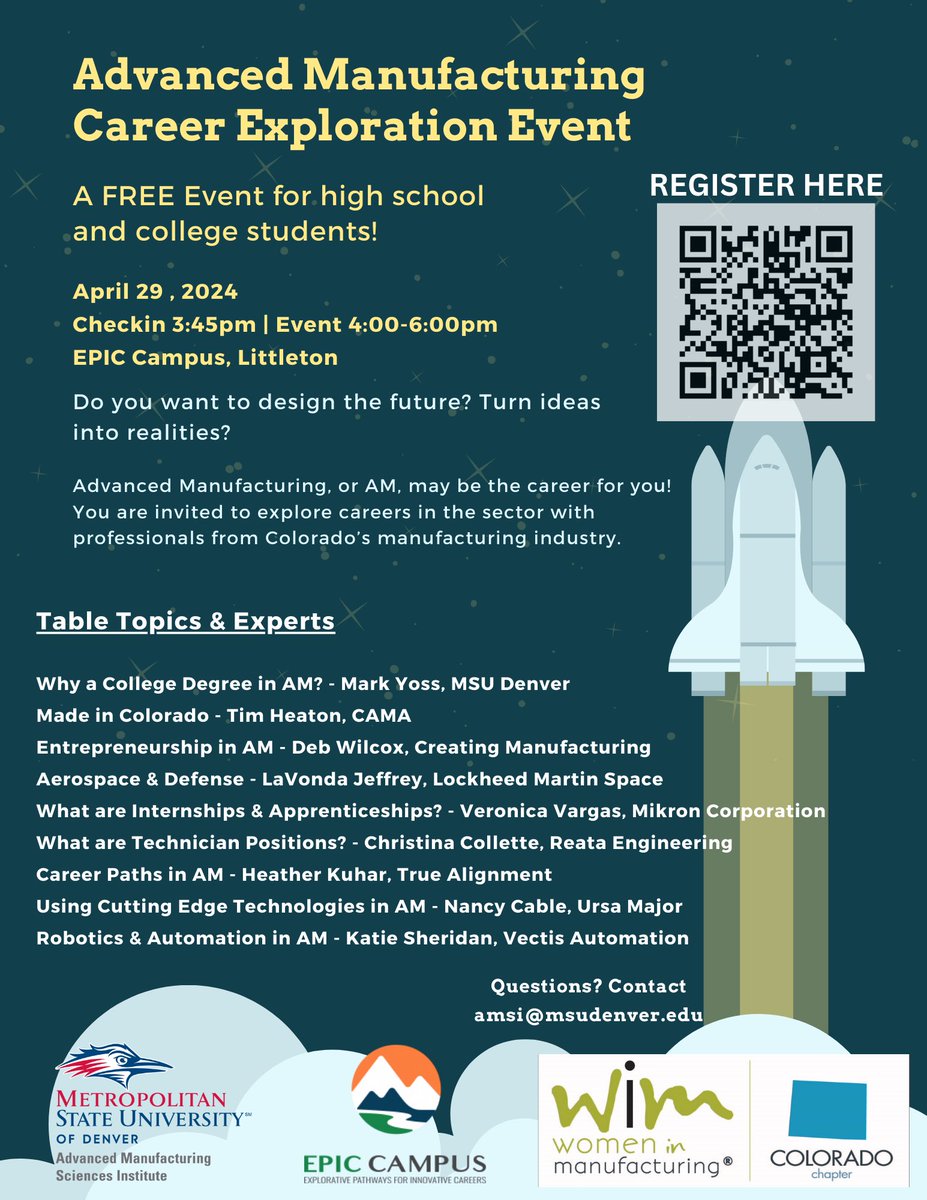 Have you considered being directly involved with designing the future or turning ideas into realities? If so, Advanced Manufacturing may be for you! Join us April 29th from 4-6 pm @ EPIC for an opportunity to explore AM careers.