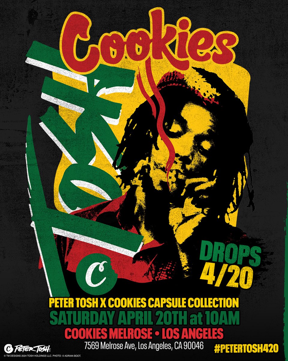 Peter Tosh X @cookiessf Collection available 4/20 at the Cookies Melrose location and 4/26 online. #PeterToshXCookies #PeterTosh420