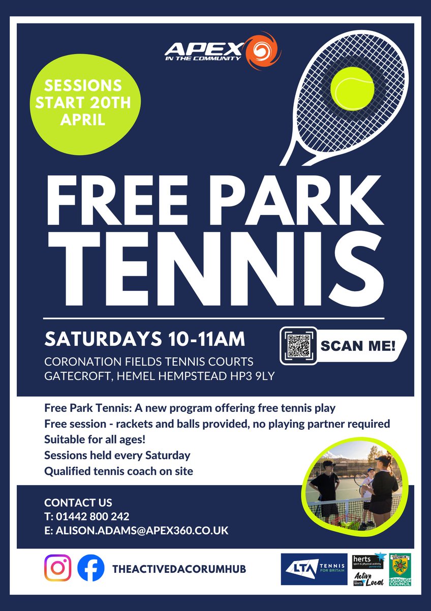 activedacorum's tweet photo. Starting this Saturday at Coronation Fields Tennis Courts in Bennetts End from 10am - 11am. Come along and try tennis! https://t.co/saasZ0Uc76