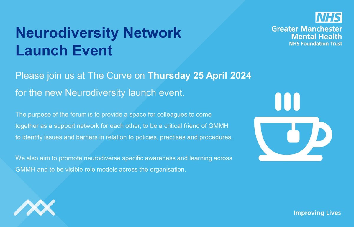 Calling all GMMH colleagues - please join us at The Curve on Thursday 25 April from 11am to celebrate the launch of our Neurodiversity Staff Network!