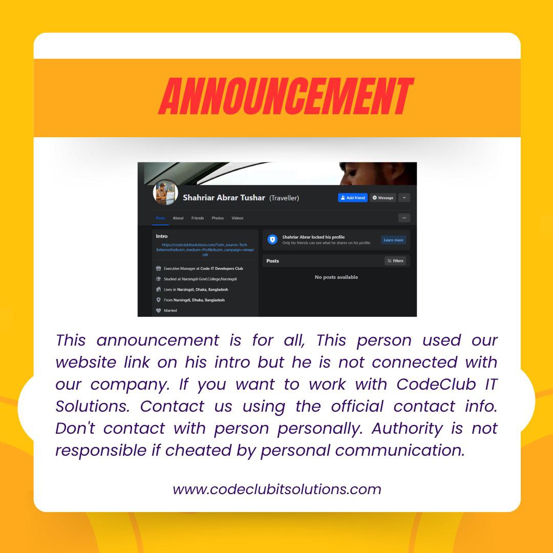 codeclub_it's tweet photo. 📣 This announcement is for all, This person used our website link on his intro but he is not connected with our company. If you want to work with CodeClub IT Solutions. Contact us using the official contact info. Don't contact with person personally. https://t.co/KtLmGKqgvV