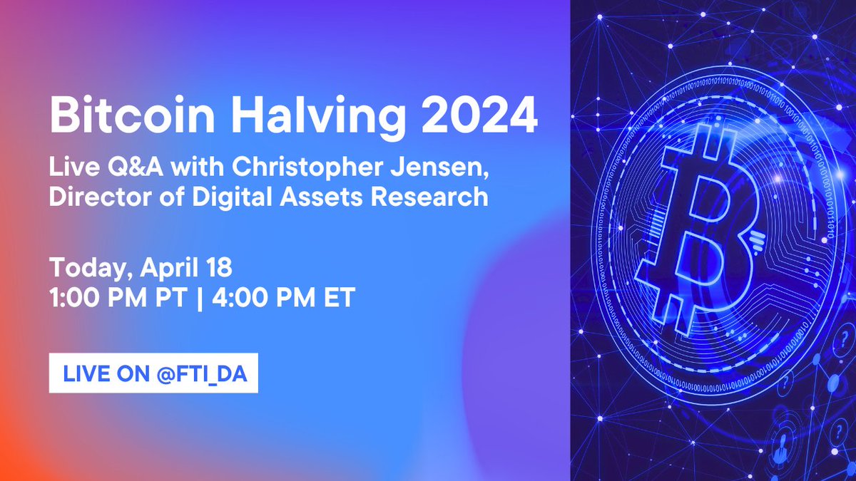 Know anyone looking to learn more about the Bitcoin halving? Christopher Jenson, Director of Digital Asset Research will be livestreaming on @FTI_DA at 1:00pm PT/ 4:00pm ET for a Q&A to discuss the upcoming Bitcoin halving.