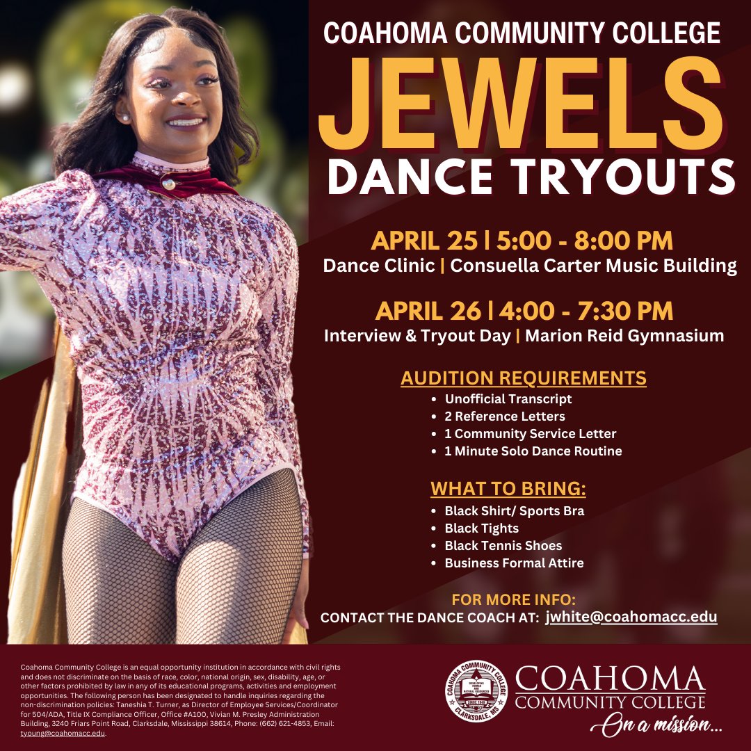Round 2! 🌟 It's An Audition Alert! 🎶 The Coahoma Community College Jewels will host a second in-person tryout! It's your chance to shine and share your passion. To find out more and sign up, visit: bit.ly/43mMITC. #CoahomaProud #Since1949