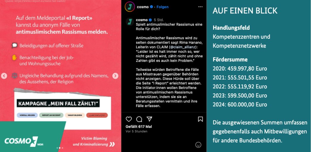 Der ÖRR Kanal Cosmo bewirbt CLAIM. Diese Organisation hat bisher mehr als 2 Millionen Euro Steuergeld kassiert. Die hier beworbene Meldestelle 'I Report' wird von Claim betrieben und hat sich auf 'antimuslimischen Rassismus' spezialisiert.

#OERR #ausGEZahlt