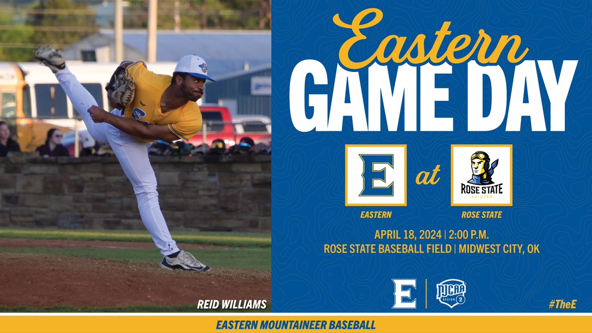 Game Day! Eastern is headed to Midwest City to take on Rose State! #TheE #NJCAABSB
⚾️ vs. @RSC_Baseball 
⏰ 2:00 PM
🏟 Rose State Baseball Field
📍 Midwest City, OK