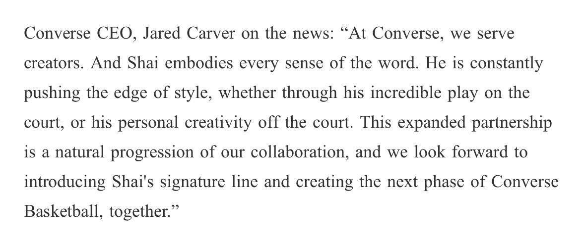 Statement from Converse CEO Jared Carver on the massive new deal with Shai Gilgeous-Alexander: