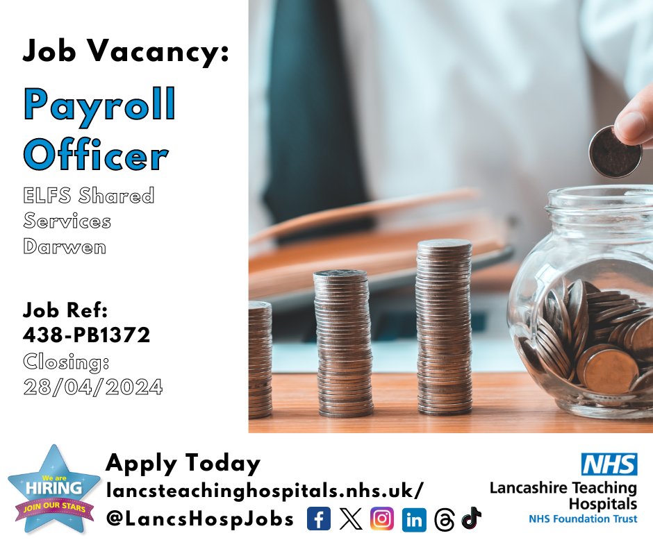 Job Vacancy: Payroll Officer @LancsHospitals ⏰Closes: 28/04/24 Read more and apply: lancsteachinghospitals.nhs.uk/join-our-workf… #Lancashire #LancashireJobs #NHS #NHSjobs #Finance #Darwen #payroll #Pensions