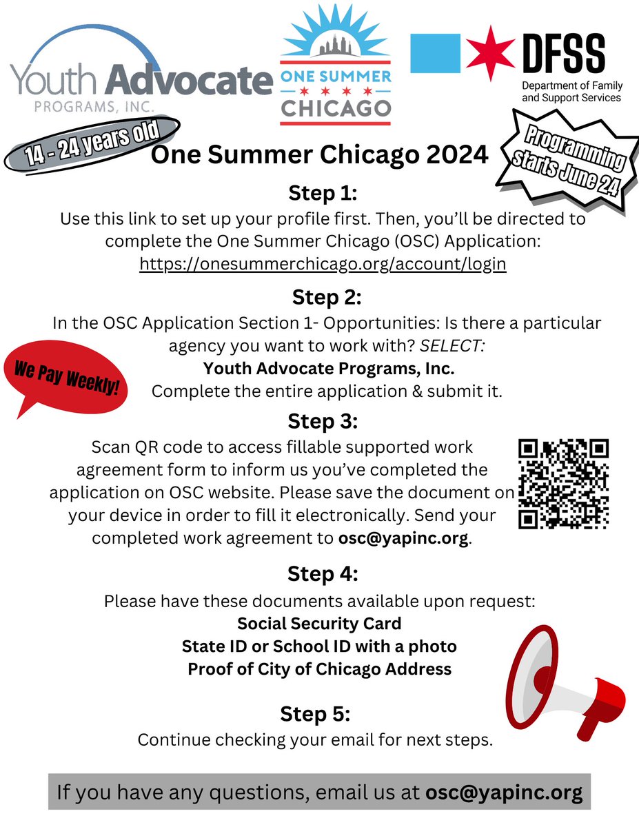 Parenting4NV's tweet photo. Chicago teens/young adults ages 14-24 apply today for One Summer Chicago work program! Scan QR code or email osc@yapinc.org #P4NV #Parenting4Nonviolence #ChicagoJobs #ChicagoYouth https://t.co/sK4iHZEVIW