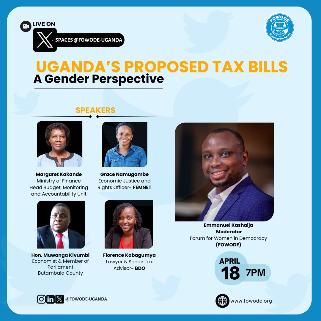 Join @FOWODE_UGANDA today, Thursday 18th April, for a topical discussion on Uganda's Proposed Tax Bills. The X Space at 7pm will feature seasoned tax experts with insights and implications of the recently proposed bills. Spread the word! #UgandaTaxBills @awdf01 @Parliament_Ug