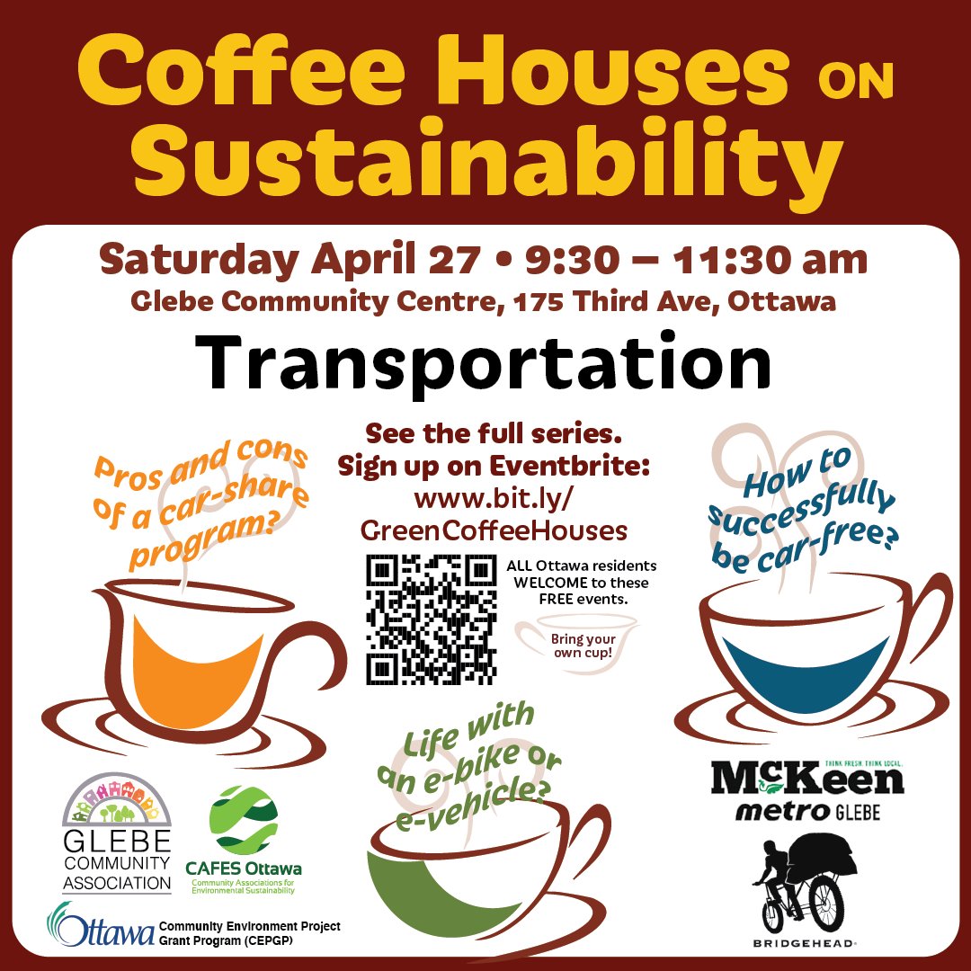 Ottawa people: Head over to this Coffee House to get the facts about EVs (+myth-busting), charging, PHEVs, E-Bikes, car-free living. Plus creating 15-minute, walkable neighbourhoods. Sat. Apr. 27, 9:30-11:30. #ottcity #ClimateAction @CAFES_Ottawa @EcologyOttawa @EnviroCentre