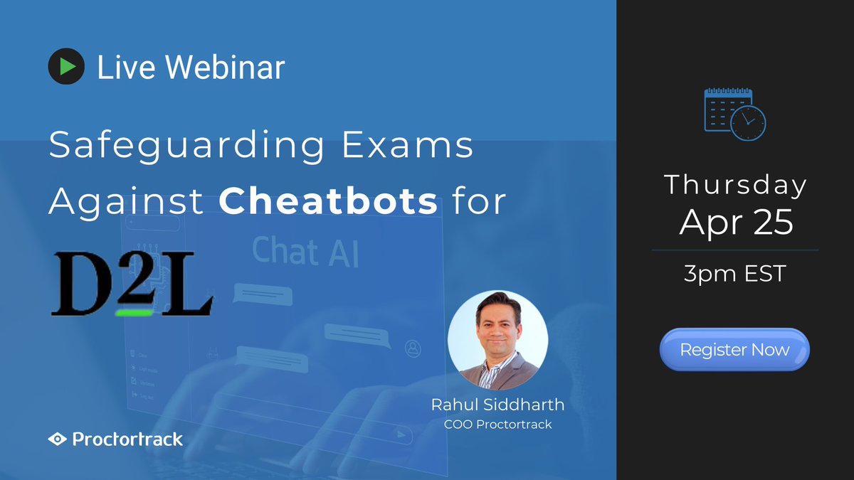 Join our webinar to learn how to prevent #chatbot cheating, false flags, and inconsistent reports during #D2L #OnlineExams - bit.ly/3w6xbuK

#academicintegrity #EdTechInnovation #edtech #onlineexam #onlinelearning #onlineproctoring #highereducation #distancelearning