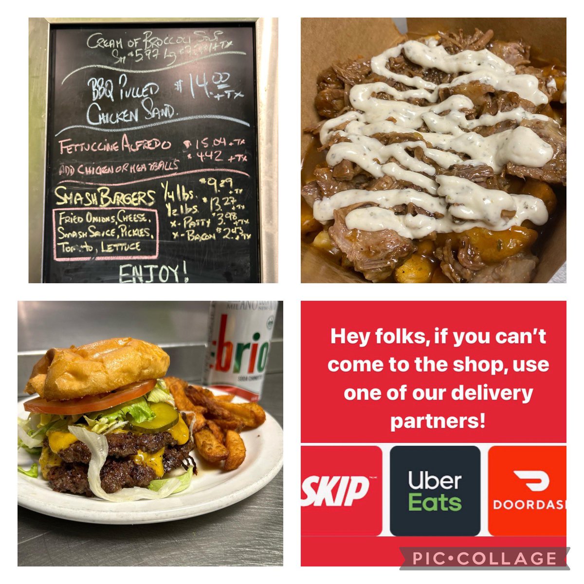 Hello Beautiful People! Come for a Smash Burger! Today’s Specials are, BBQ Pulled Chicken Sandwich. Roasted Pulled Chicken, BBQ Sauce, Topped with Cheese, Oven Baked, Chipotle Mayo and Coleslaw. Delicious Poutines, Pasta and Desserts, Enjoy! @dylanblackradio @OttawaCancer