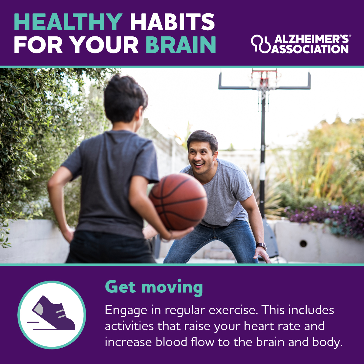 Did you know that engaging in regular exercise is important for your brain health? In honor of #NationalExerciseDay, commit to building more movement into your day in a way that works best for you! 👟 Get more healthy habits for your brain at alz.org/healthyhabits.