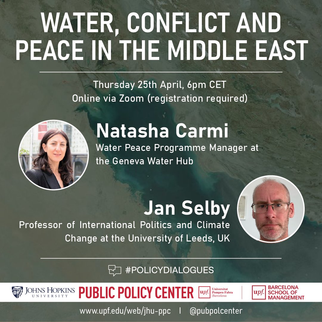 📣Presenting the speakers of the next #PolicyDialogues: Water, Conflict and Peace in the Middle East 🗣️ With Natasha Carmi and @jan_selby 🗓️⏱️April 25th- 6pm CET at @UPFBarcelona  👉Register here: bit.ly/3VW3tU2