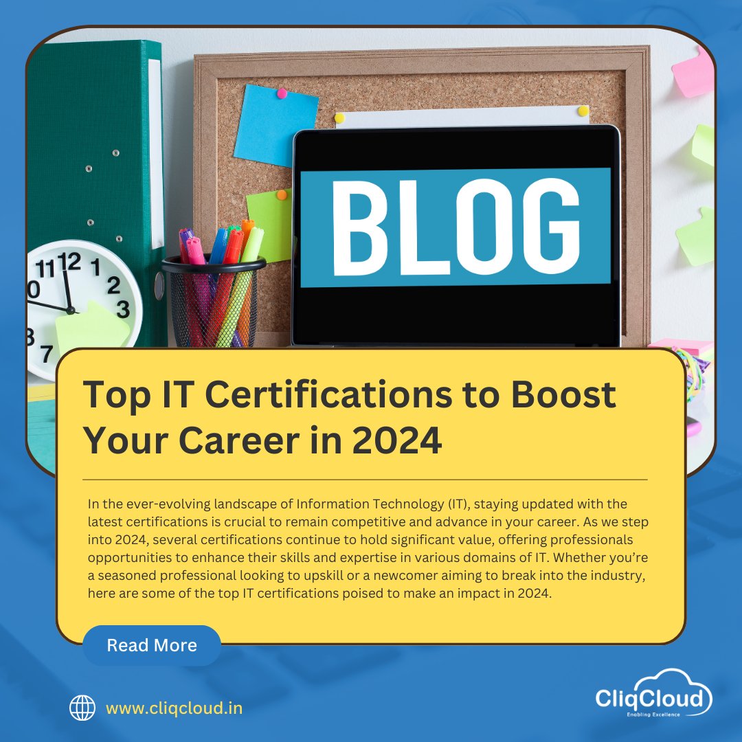 Unlock your career potential in 2024 with our latest blog! ￼ Dive into our expert roundup of the top IT certifications set to skyrocket your professional journey.

Here is the link below:

cliqcloud.in/top-it-certifi…

#cliqcloud #ITCertifications #CareerGrowth #TechBlog #blog