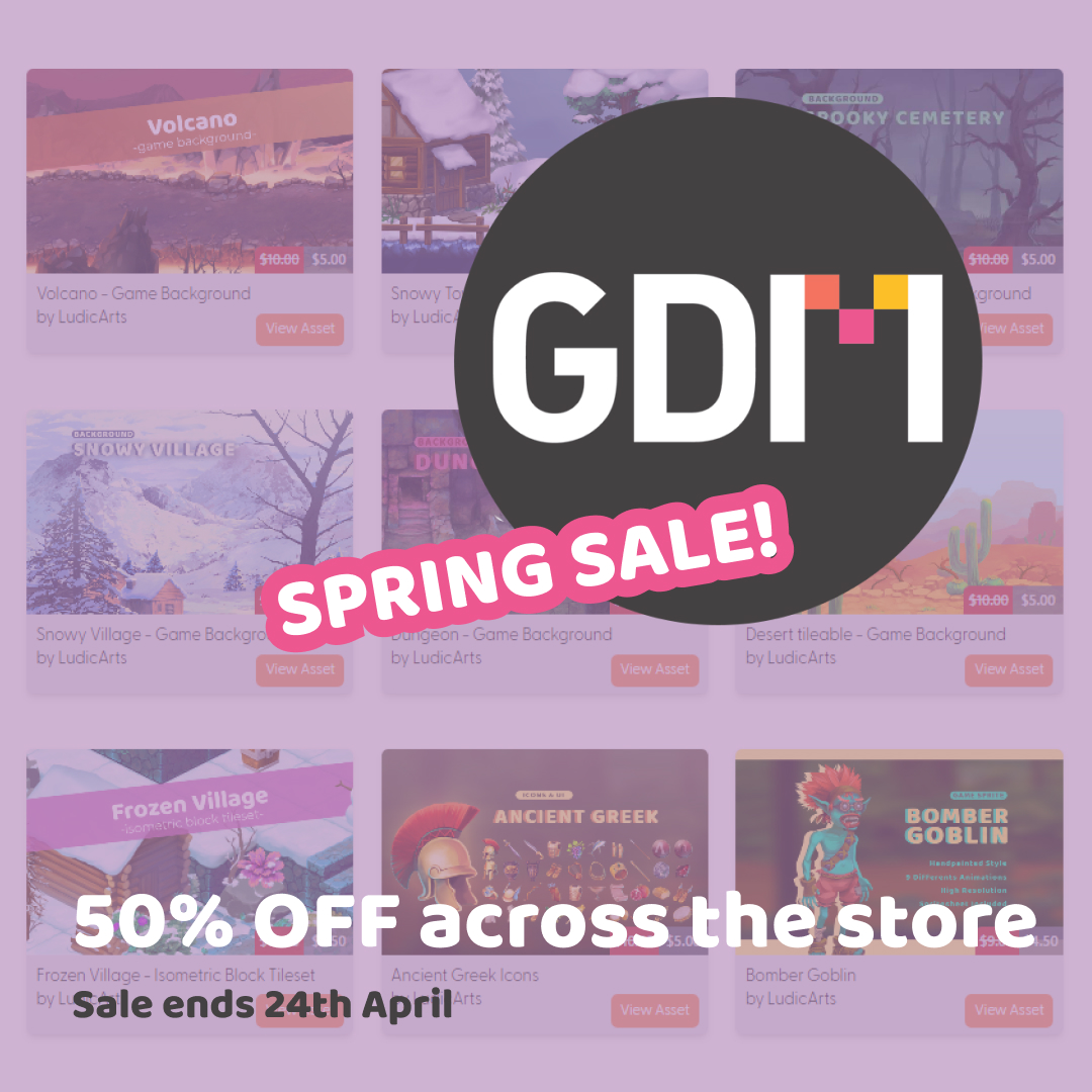 ludicarts's tweet photo. Spring Sale is happening now at @gameresources! 50% OFF across the store ๐: https://t.co/XExGiLSaFt
#indiedev #gamedeveloper #indiegaming #gamedevelopment #gamedev #indiegamedev #gameassets #gameassetstore #gamedesign https://t.co/ziwMmJOStx