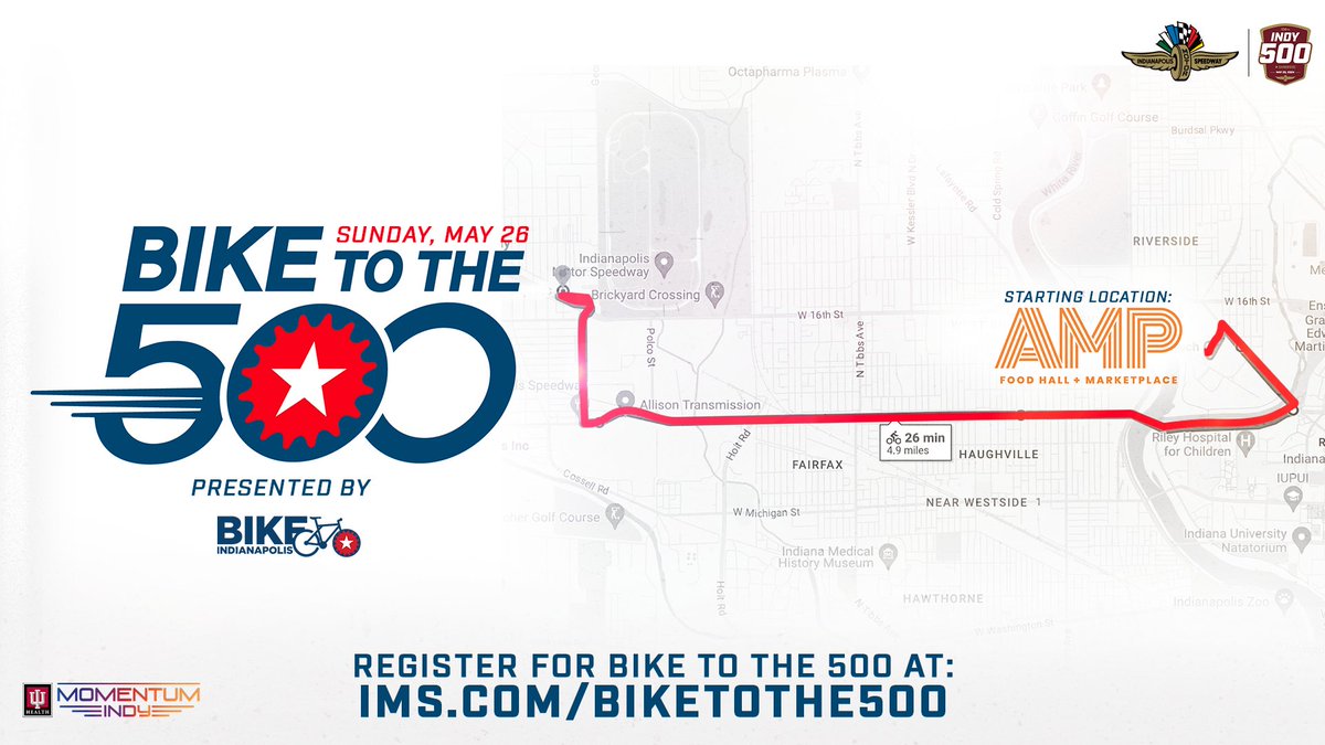 A 5-mile ride to get ready for 500 more 😍🚴 Have you signed up for Bike to the 500 yet? A short, 26-minute ride from The AMP at @16Techinnovate with @BikeIndpls and @momentumindy will get you past the #Indy500 Race Day crowds with ease! 🔗 >>> IMS.com/BikeToThe500