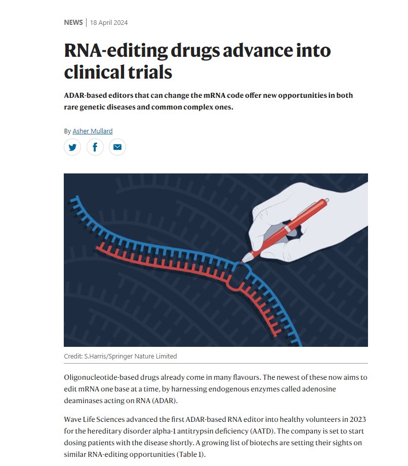 RNA-editing drugs advance into clinical trials bit.ly/445OqZV ADAR-based editors that can change the mRNA code offer new opportunities in both rare genetic diseases and common complex ones. Find out more in this news article published today