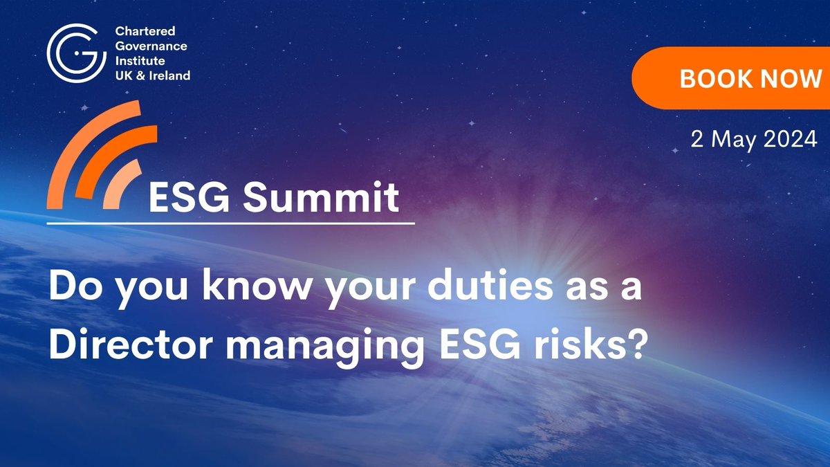 The rising significance of ESG in directors’ duties in undeniable. Join us for an insightful session as we delve into effective strategies for companies and directors to bolster ESG risk management. Book now: buff.ly/3Kyz1GM #CGIUKI #Governance #ESGSummit #Sustainability