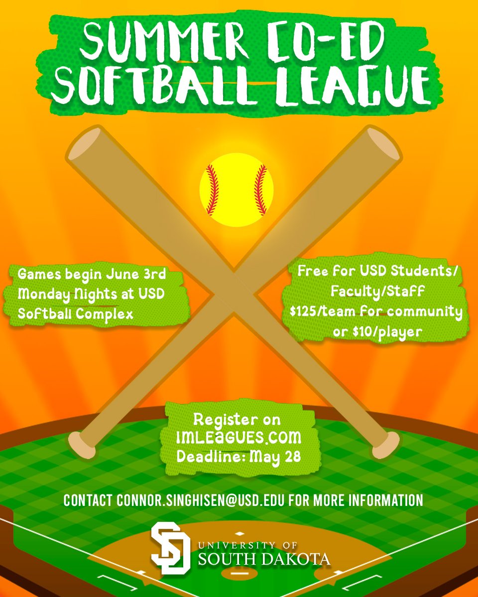 Hey Yotes!

The Summer CoEd Softball league is back! Free for current students/faculty/staff, $125/team for Vermillion Area residents!

Must be 18 to play, and you can register on @imleagues, or contact us to put a team in!

<a href="/VermillionSD/">Vermillion, SD</a> <a href="/VermParksandRec/">Vermillion Parks and Recreation</a> <a href="/VermBrickHouse/">Dakota Brick House</a>