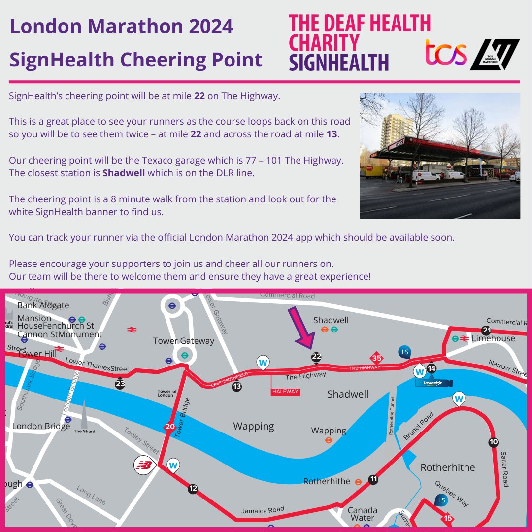 SignHealth's tweet photo. It's tomorrow! Here's our cheering point reminder for those who want to come, watch and spur our runners on. We are also meeting at the Shakespeare's Head after the marathon to celebrate. https://t.co/rEO7xnArhh https://t.co/x0L87B8ADX