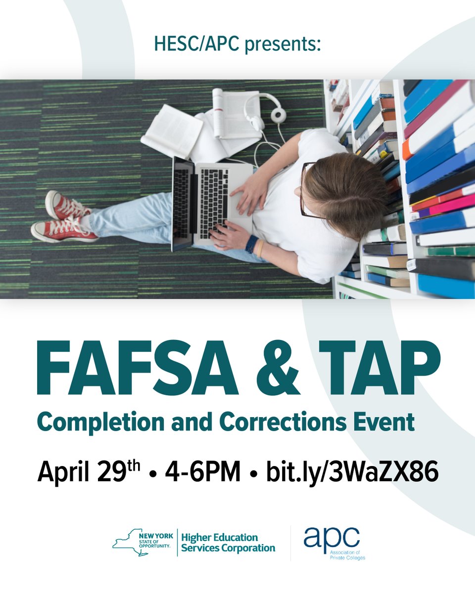 NYSStudentAid's tweet photo. If you applied for the FAFSA and need help making corrections, you're in luck! Join HESC and APC Colleges on April 29th from 4-6pm as our experts help you make changes and submit your FAFSA. Register at: https://t.co/RoKWf6wn7O
#FAFSAReady #FAFSA #FinancialAid #HESC #APC https://t.co/R2uf9VJPRi