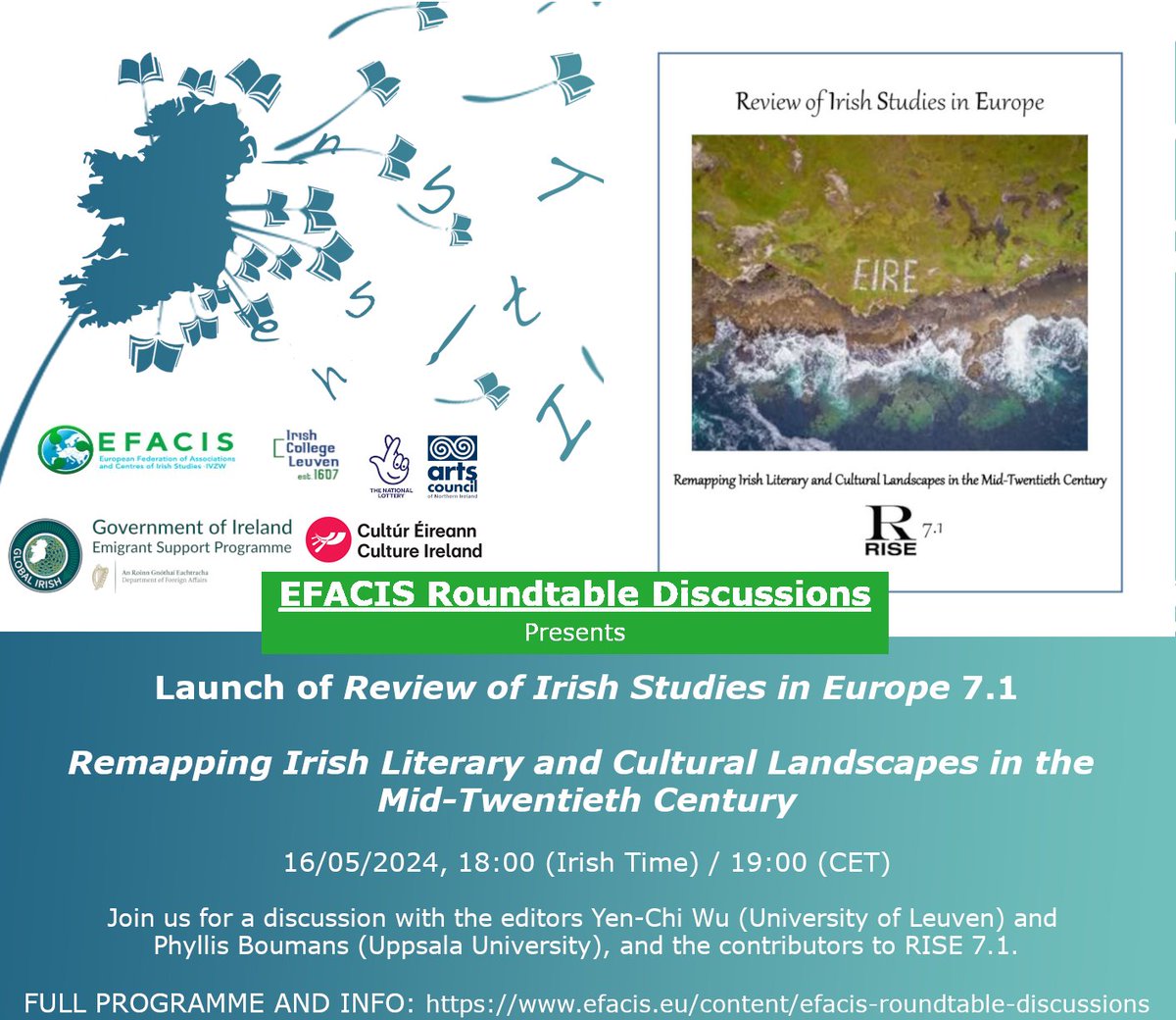 Join the editors and contributors on 16 may at 7pm CET for the online #launch of Review of Irish Studies in Europe 7.1! Register for this launch at efacis.eu/content/efacis… #irishstudies