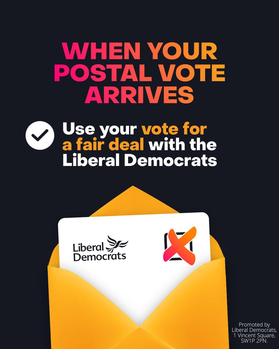 Postal votes will be landing on doormats over the coming days. Make sure you send yours in, and preferably vote for your LibDem team. #postalvote #WMCA #Sunny4Mayor