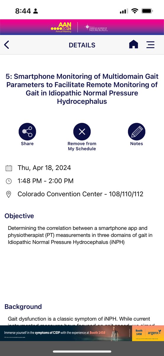 I am so honored to be speaking at #AANAM  on remote monitoring of gait in Normal Pressure Hydrocephalus. 

Come learn about our findings today! 
#NeuroTwitter #AAN2024