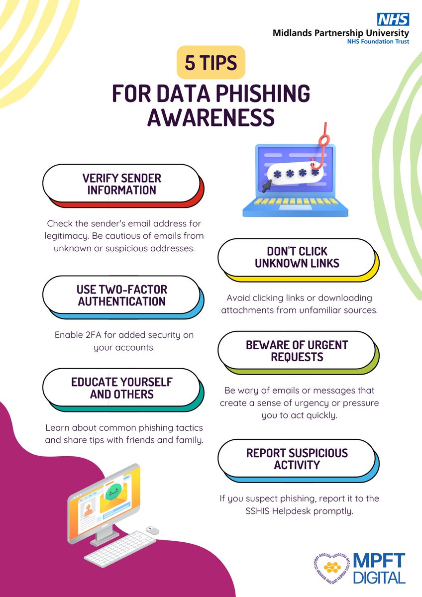 Boost your online safety with our 5 essential tips for phishing awareness! Whether at work or home, staying vigilant is key to protecting your data. Share these tips with colleagues, family, and friends 🛡️💻 #CyberSafety @mpftnhs