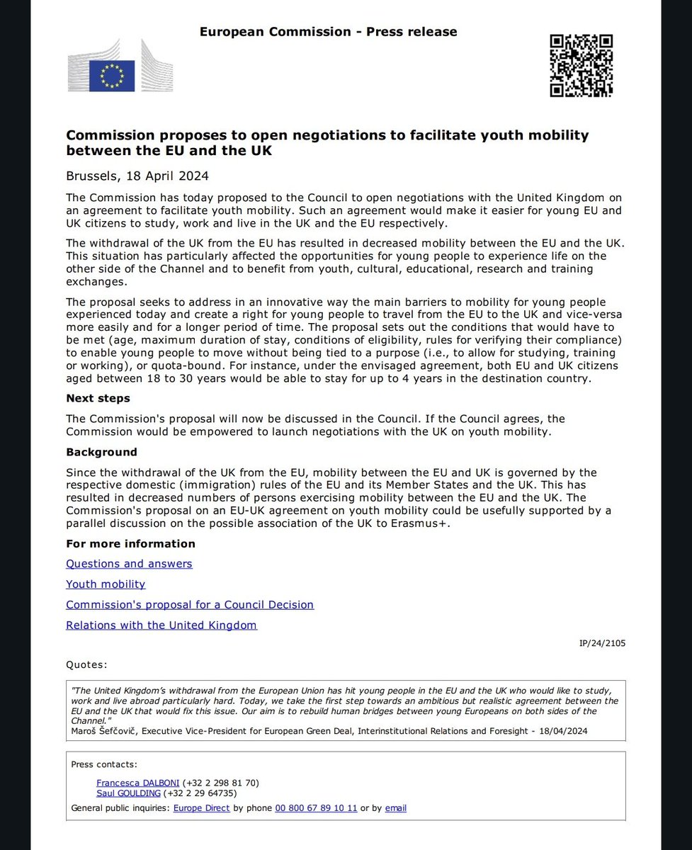 An interesting development, and one to watch. The EU Commission has asked the EU Council to approve a mandate, to enter into negotiations with the UK for a youth mobility scheme. This is the EU asking for this - not the UK. EU students miss the UK... ec.europa.eu/transparency/d…