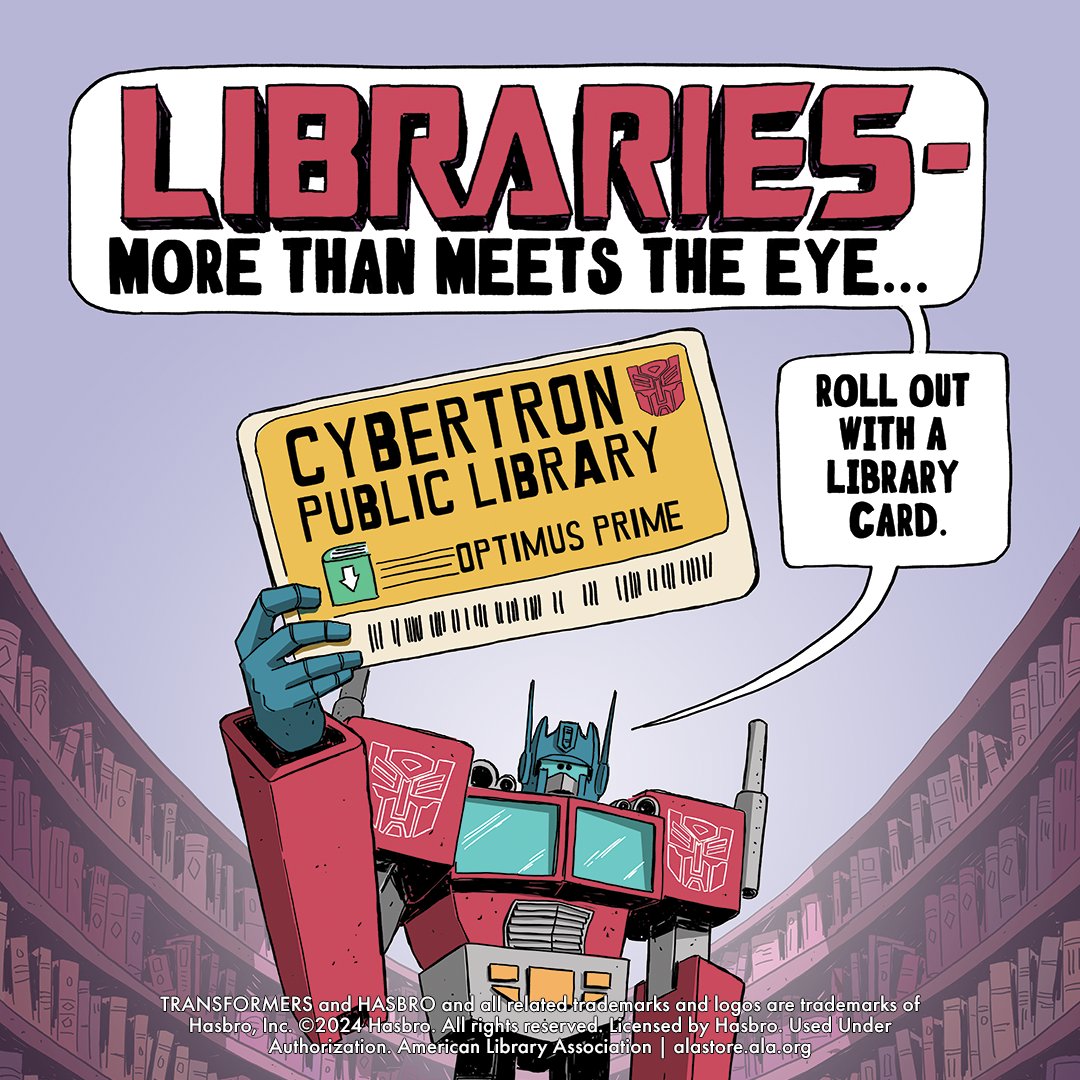 The TRANSFORMERS are ready to roll out for #LibraryCardSignUpMonth! Learn more: bit.ly/3CL8QvE Poster and bookmark art by Marz Jr.