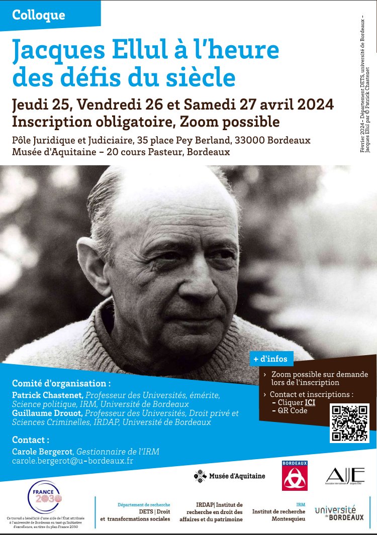 MuseeAquitaine (@museeaquitaine) on Twitter photo 📣Le samedi 27 avril de 11h à 13h, le musée d'Aquitaine reçoit la troisième journée du colloque international "Jacques Ellul à l'heure des défis du siècle". En présence de grands témoins dont <a href="/PierreHurmic/">Pierre HURMIC</a> et Patrick Chastenet.
Sur inscription 👉 url-r.fr/CEIkX 📣Le samedi 27 avril de 11h à 13h, le musée d'Aquitaine reçoit la troisième journée du colloque international "Jacques Ellul à l'heure des défis du siècle". En présence de grands témoins dont <a href="/PierreHurmic/">Pierre HURMIC</a> et Patrick Chastenet.
Sur inscription 👉 url-r.fr/CEIkX