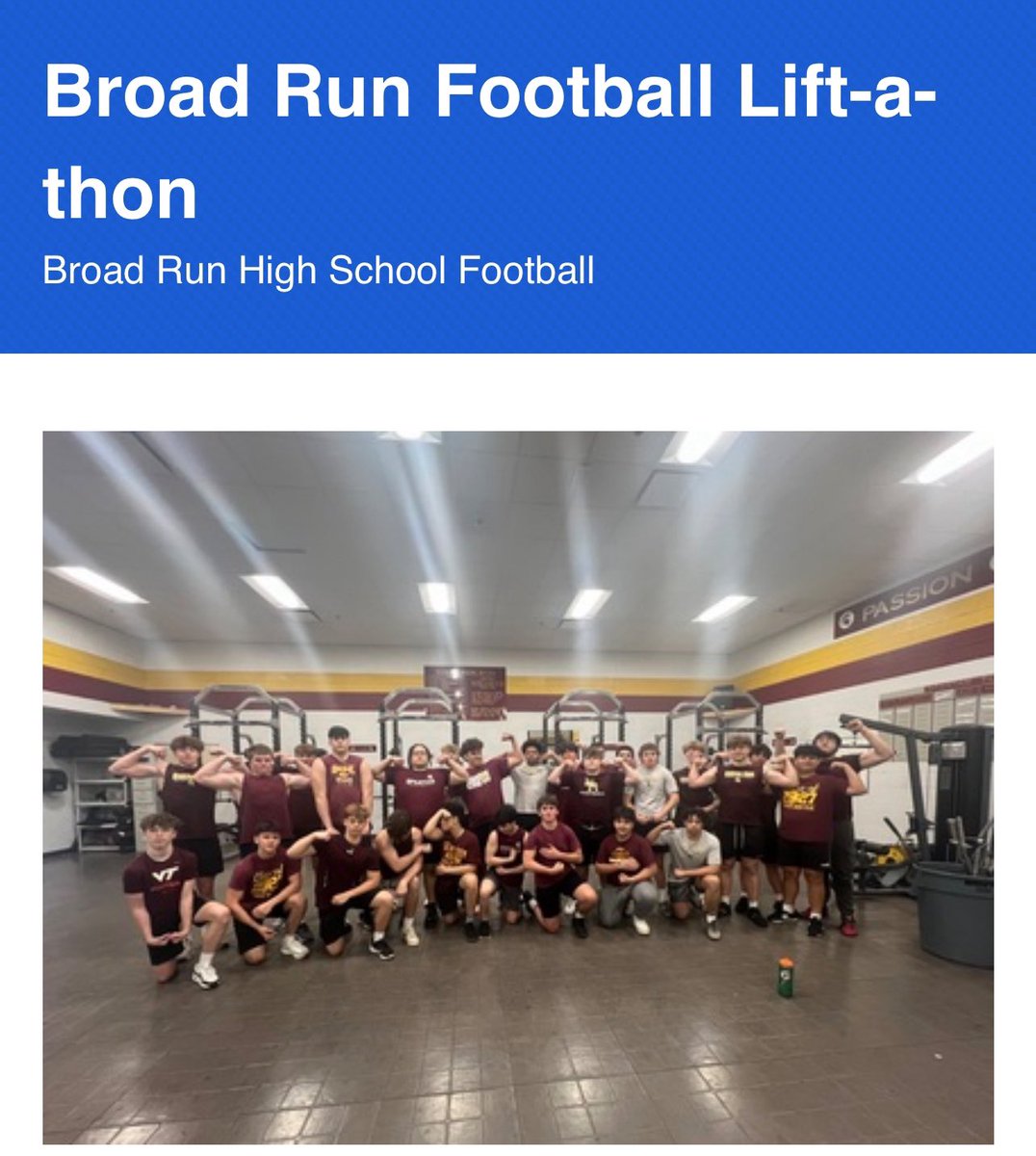 Our football program is hosting our annual liftathon on Saturday April 27th! All money raised is spent directly on the program to update practice equipment, camera equipment, and update uniforms! Please consider donating! app.99pledges.com/fund/broadrunf…