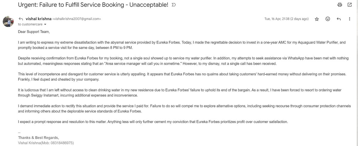 vishalkrishna's tweet photo. @EurekaForbes 
I came on twitter to write about the worst service experience with EurekaForbes. But I am seeing here everyone is dealing with same issue.

Even after writing emails, trying to get support on provided whatsapp no and after calling customer care,  no response https://t.co/g5QBVxjASD