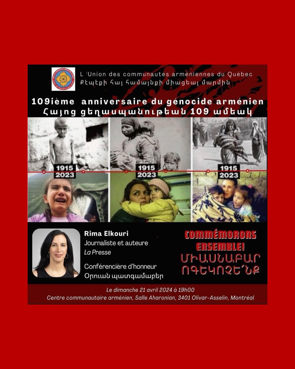 ancc_cnac's tweet photo. 🚨 Mark your calendars and attend an Armenian Genocide Commemoration ceremony near you. For a complete listing of all events, refer to the list below.

👉 OTTAWA:
Monday April, 24, 2024, 12:00 PM
Parliament Hill

👉 TORONTO:
Sunday, April 21, 2024 - 1:30 PM
Armenian Community Centre of Toronto
45 Hallcrown Pl. Toronto

👉 QUÉBEC:
Sunday, April 21, 2024 - 7:00 PM
Armenian Community Centre of Montreal
3401 Rue Olivar-Asselin, Montreal

👉 VANCOUVER:
Sunday, April 21, 2024 - 2:00 PM
Mountainview Cemetery Celebration Hall
Armenian Genocide Monument
5455 Fraser St, Vancouver

👉 CAMBRIDGE:
Sunday, April 21, 2024 - 1:00 PM
Armenian Community Centre of Cambridge
15 International Village Dr. Cambridge

👉 HAMILTON:
Sunday, April 21, 2024 - 2:30 PM
Armenian Community Centre of Hamilton
191 Barton St. Stoney Creek

👉 ST.CATHARINES:
Sunday, April 28, 2024 - 2:30 PM
Armenian Community Centre of St.Catharines
156 Martindale Rd. St.Catharines

#ArmenianGenocide109
#NeverAgain