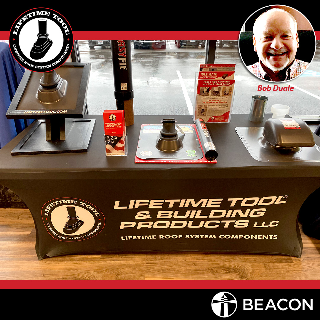 LifetimeTool's tweet photo. Bob Duale, Independent Sales Rep for Lifetime Tool®, recently showcased Lifetime Tool® &amp; Building Products roofing components at Beacon Building Products (@beaconbuilds) grand opening in Elyria, OH on April 12. 

#LifetimeTool #UltimatePipeFlashing #roofing #roofingcompany https://t.co/IUxA5NuTIl