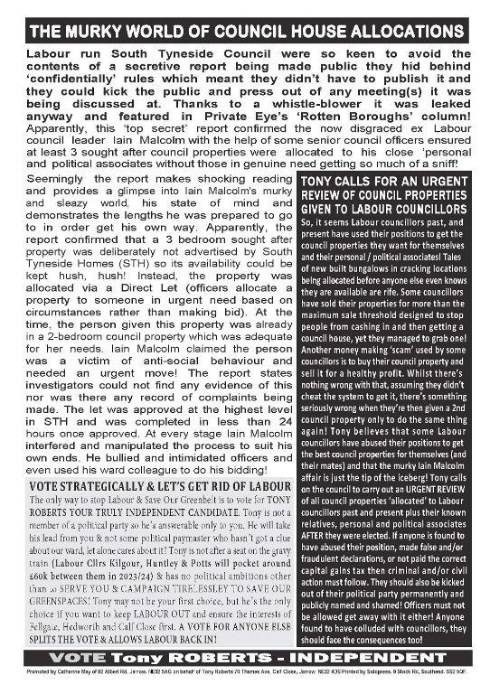 If the Green &amp; other 'independent' can't be  bothered to campaign, put out a leaflet, deliver them (with family &amp;  friends) how the hell to they propose to represent you and put the interests of Fellgate, Hedworth &amp; Calf Close first? It does make you wonder!