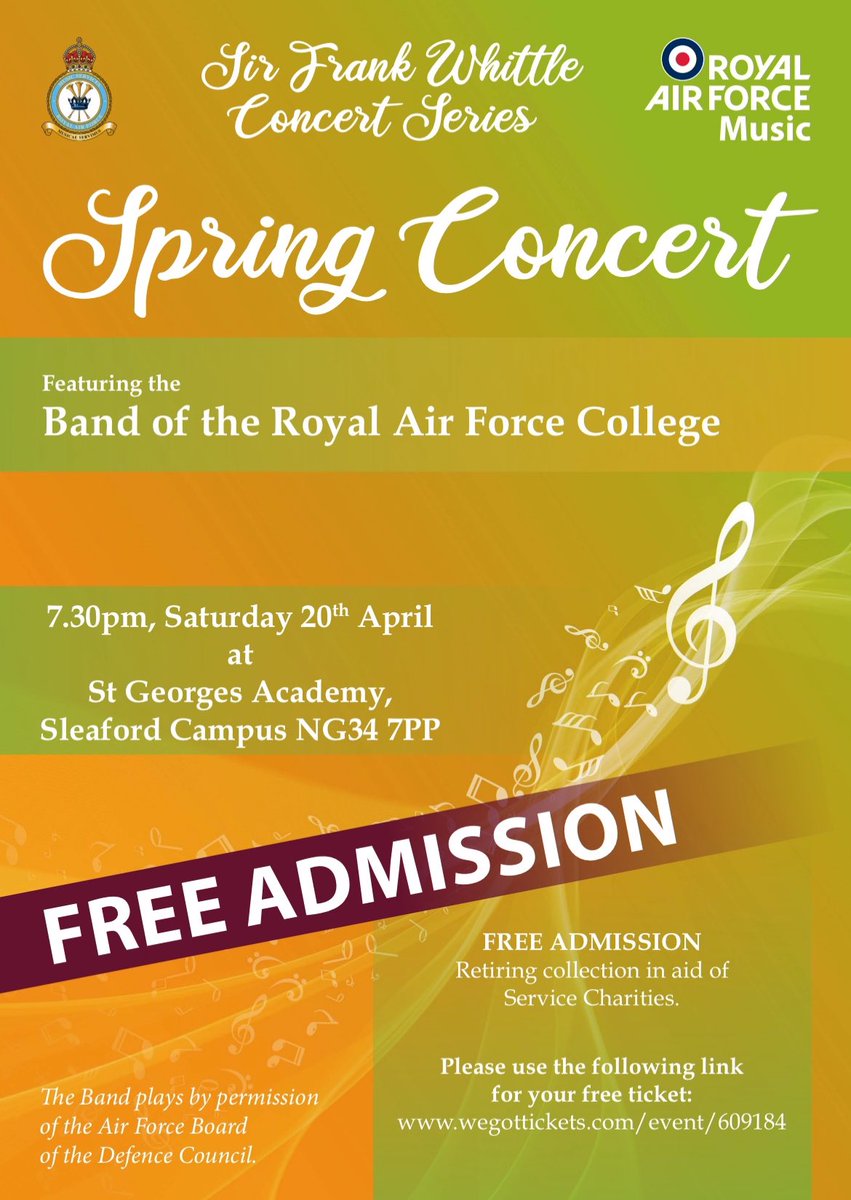 Free concert this Saturday!

The Band of the #RoyalAirForce College is performing at St George's Academy, #Sleaford on Sat. 20 Apr 24 at 7:30pm. 

We would love to see you there! 🎶

wegottickets.com/event/609184 🎟️ 

#RAFMusic 🎺✈️🥁

#NoOrdinaryJob #RAF #Lincolnshire #NoOrdinaryGig