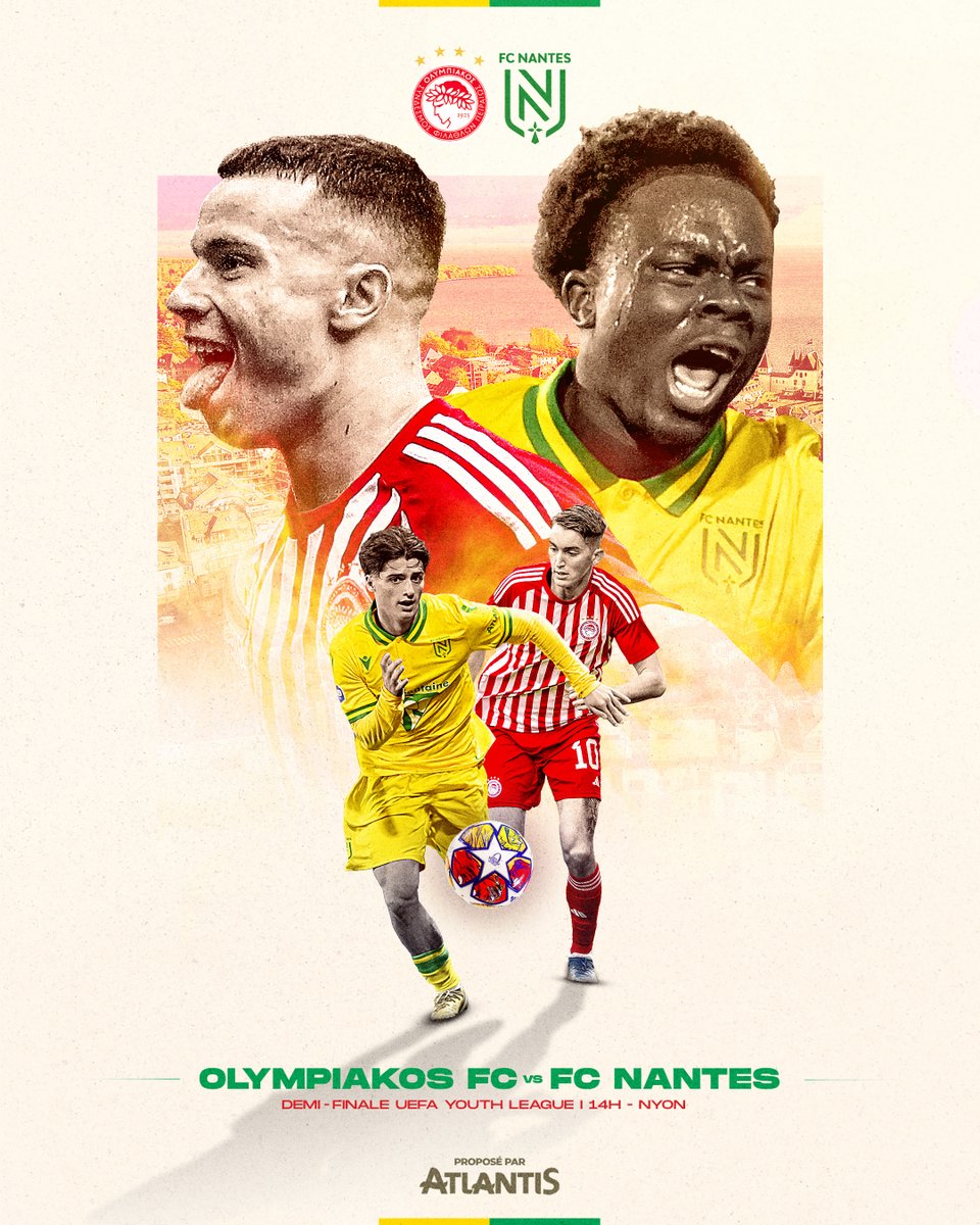 FCNantes's tweet photo. Pour une place en finale.
Pour l'histoire de notre Académie.

🕑 14h
🆚 Olympiakos FC
🤝@AtlantisNantes

#OnEstNantes I @UEFAYouthLeague https://t.co/jOKtHYuaZx