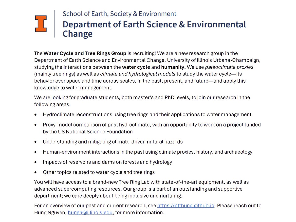 I'm looking for graduate students to join our new Water Cycle and Tree Rings Group at the University of Illinois. Please help me spread the word, or let me know if someone is a good fit. I would greatly appreciate a testimonial too 😇
