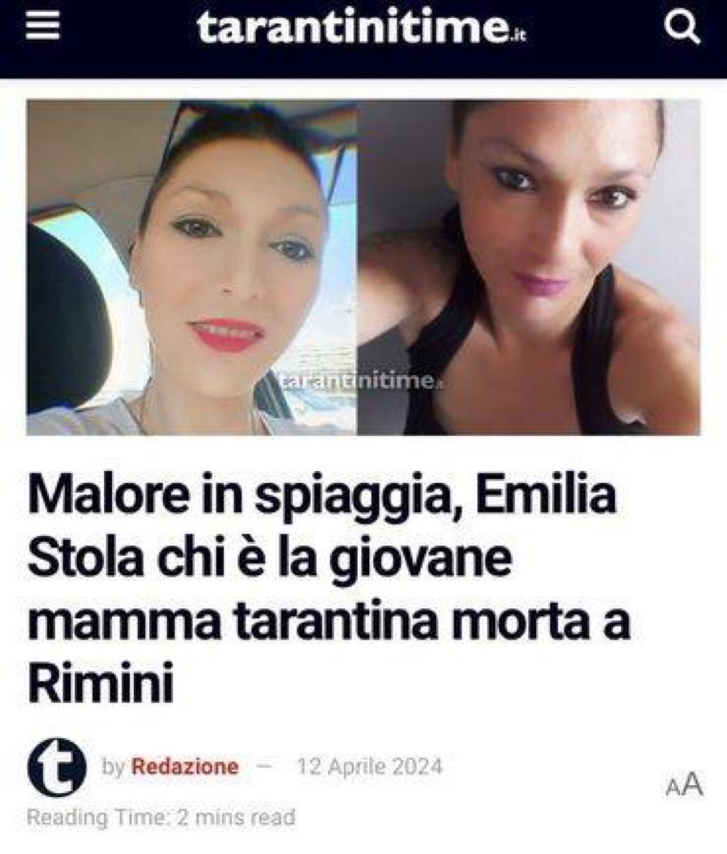 And...'suddenly'😪💔
*Emilia Stola-37 yrs-Italy
*Mother of two small children
*April 11, 2024
*She suddenly fell ill on the beach in Rimini, after submersing in the water...
*Emilia who 'loved her children madly' tragically died suddenly.
tarantinitime.it/2024/04/12/mal…