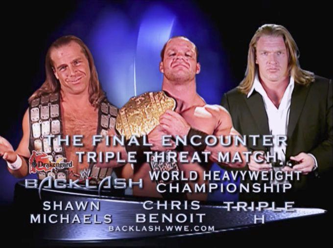 4/18/2004

Chris Benoit defeated Triple H and Shawn Michaels by submission to retain the World Heavyweight Championship at Backlash from the Rexall Place in Edmonton, Canada.

#WWE #Backlash #ChrisBenoit #TripleH #TheGame #ShawnMichaels #HBK #WorldHeavyweightChampionship