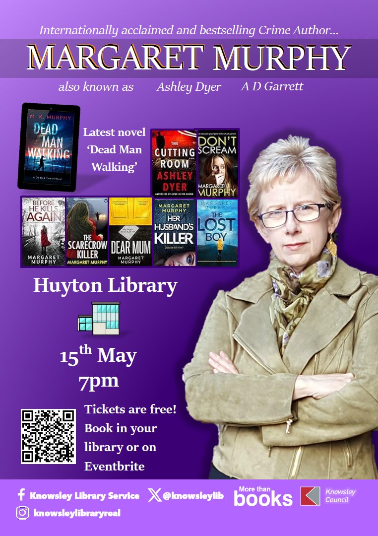 📢 Huyton's first Author Visit of the year is here! 📢 Margaret Murphy - aka A.D Garrett and Ashley Dyer - a psychological suspense and detective thriller writer, will be here on 📅 Wed 15 May 🕖 7pm Don't miss out - it's free! Tickets from your local library or on Eventbrite!