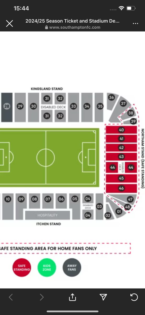 GreggsGL39's tweet photo. #Saintsfc fans. Even though block 38 isn’t blocked red it’s still standing right? Want to renew but also want to stay where I am and continue to stand - but currently it’s classified as Kingsland https://t.co/nZSKWPbOhZ
